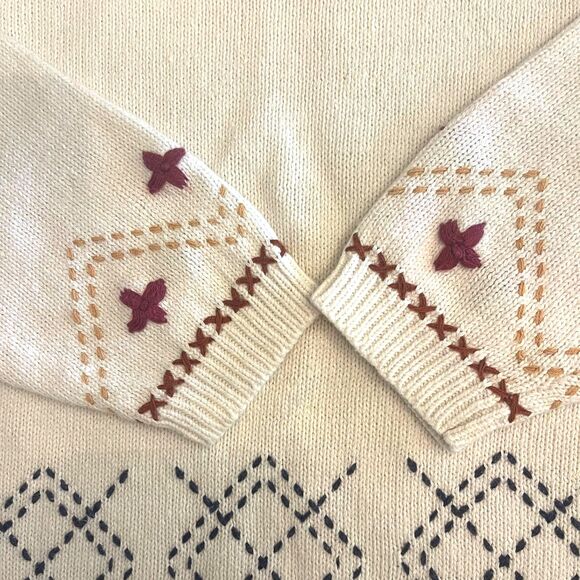 Womens Scandi Nordic Embroidered Ivory Sweater Sz M Rustic Cabincore Cozy VTG - Picture 14 of 16